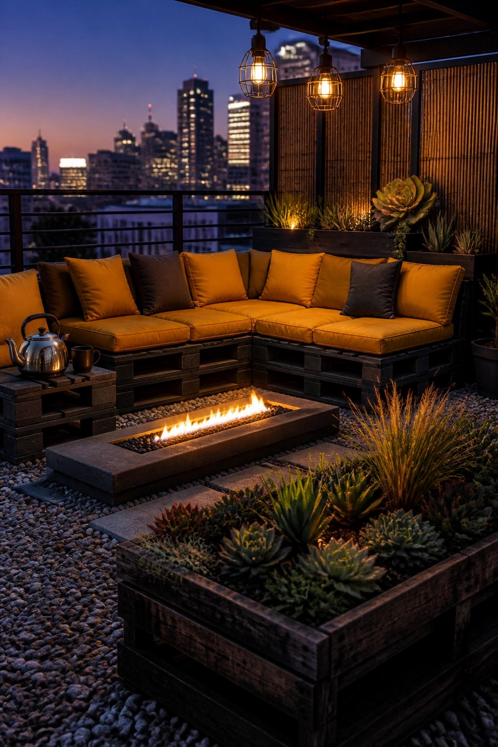 A rooftop patio at dusk with a large L-shaped sectional sofa made from dark wooden pallets, fitted with orange and gray cushions, positioned around a rectangular fire pit with city buildings visible in the background.