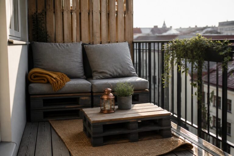 A balcony corner with a dark painted pallet bench holding gray cushions and a rolled yellow blanket, paired with a matching low pallet table on a woven rug.
