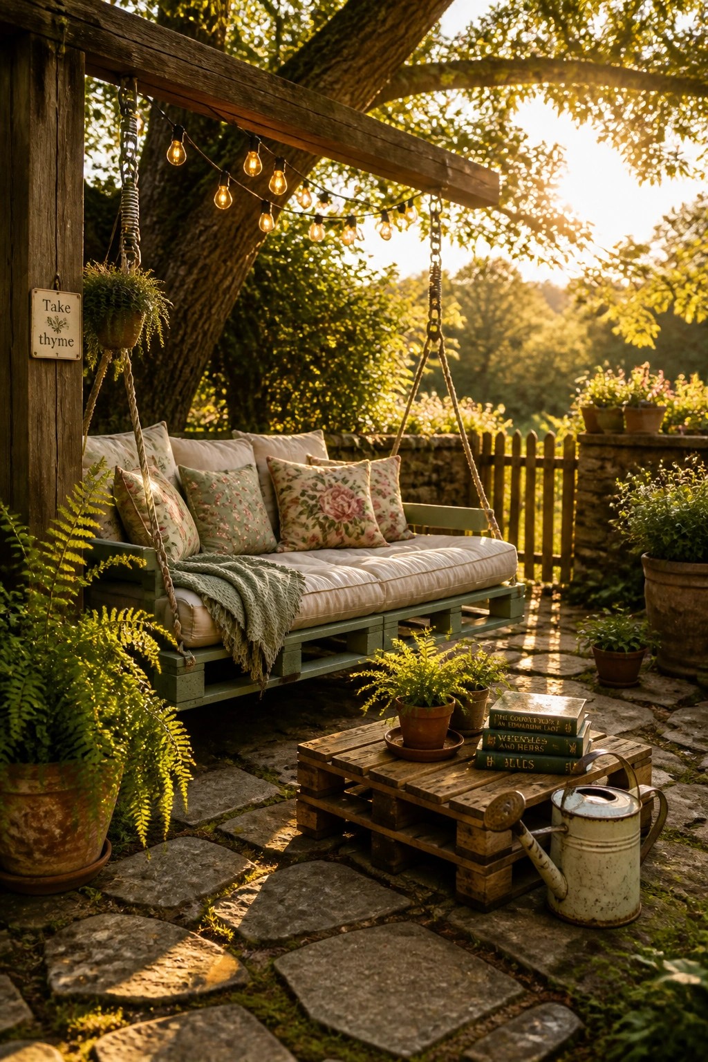 A green painted pallet bench hangs from ropes under a wooden beam, fitted with floral cushions and a throw blanket, with potted plants and string lights nearby on a stone patio.
