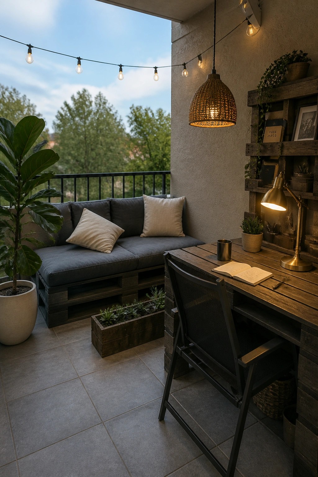 A small balcony with a dark stained pallet sofa fitted with cushions and a wooden desk holding an open notebook and lamp.