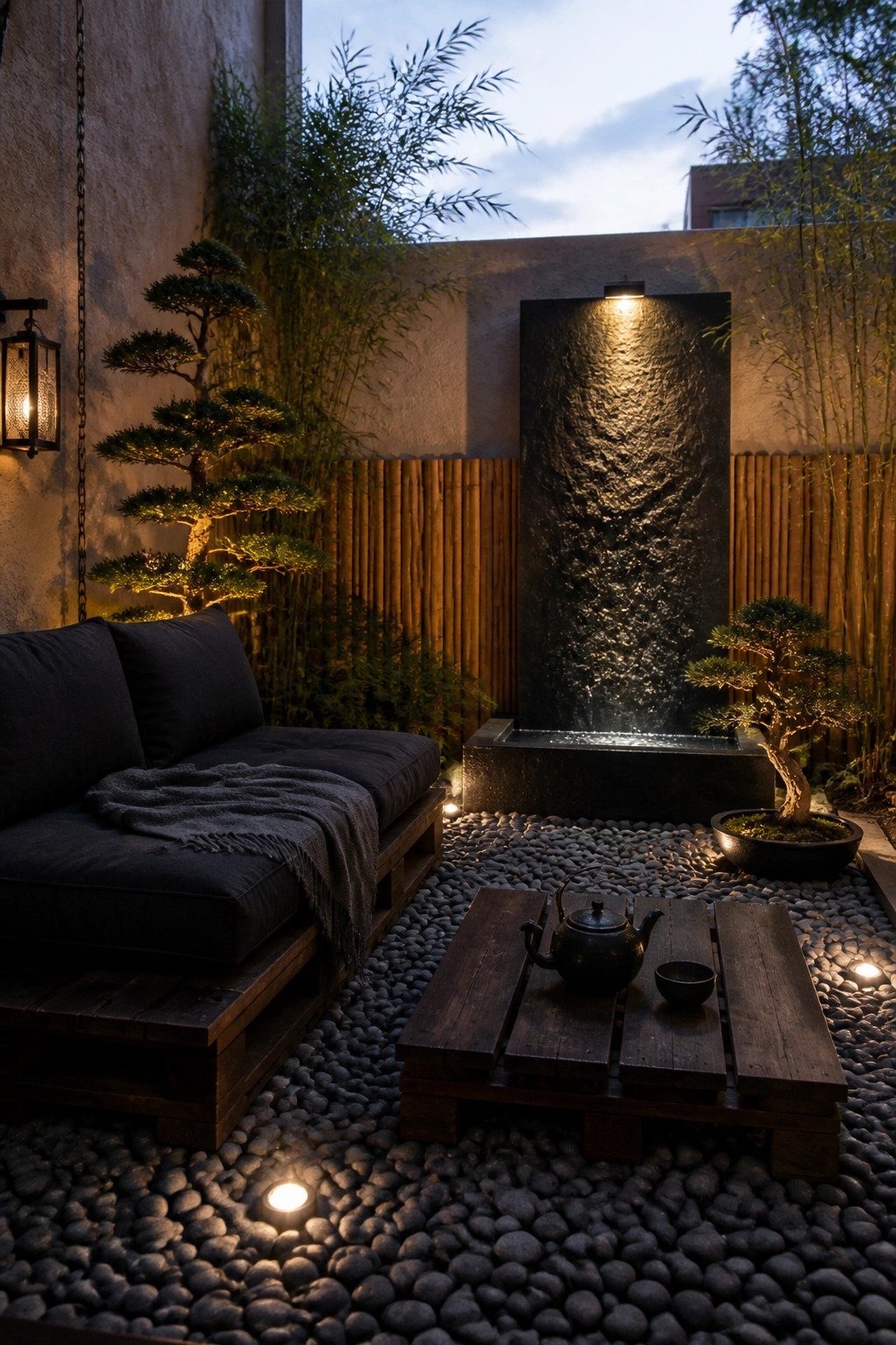 A small outdoor courtyard with dark cushioned pallet seating, a low pallet coffee table holding a teapot, a black stone water wall, bonsai trees, and gravel ground at dusk.