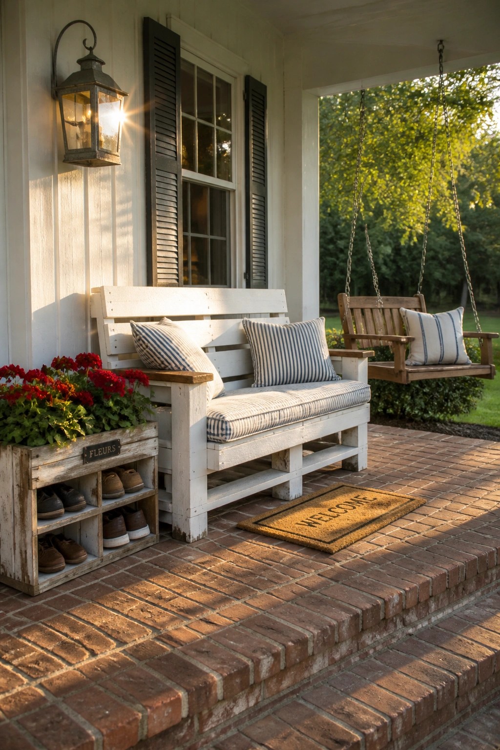 A white painted pallet bench with striped cushions sits on a brick porch beside a wooden swing and a wooden flower box filled with red flowers.