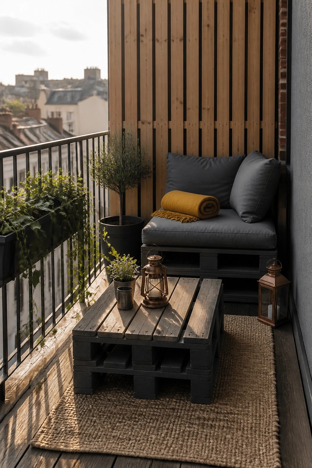 A balcony corner with a dark painted pallet bench holding gray cushions and a rolled yellow blanket, paired with a matching low pallet table on a woven rug.