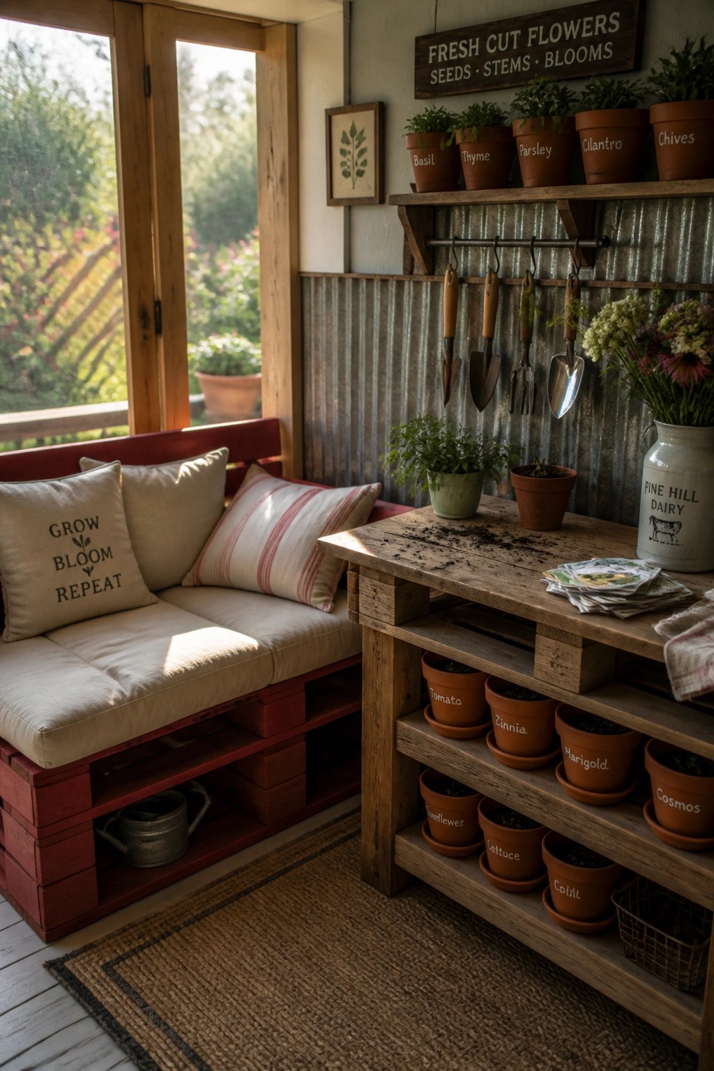 A red painted pallet bench with cushions next to a wooden pallet table, surrounded by potted plants and gardening tools on shelves.