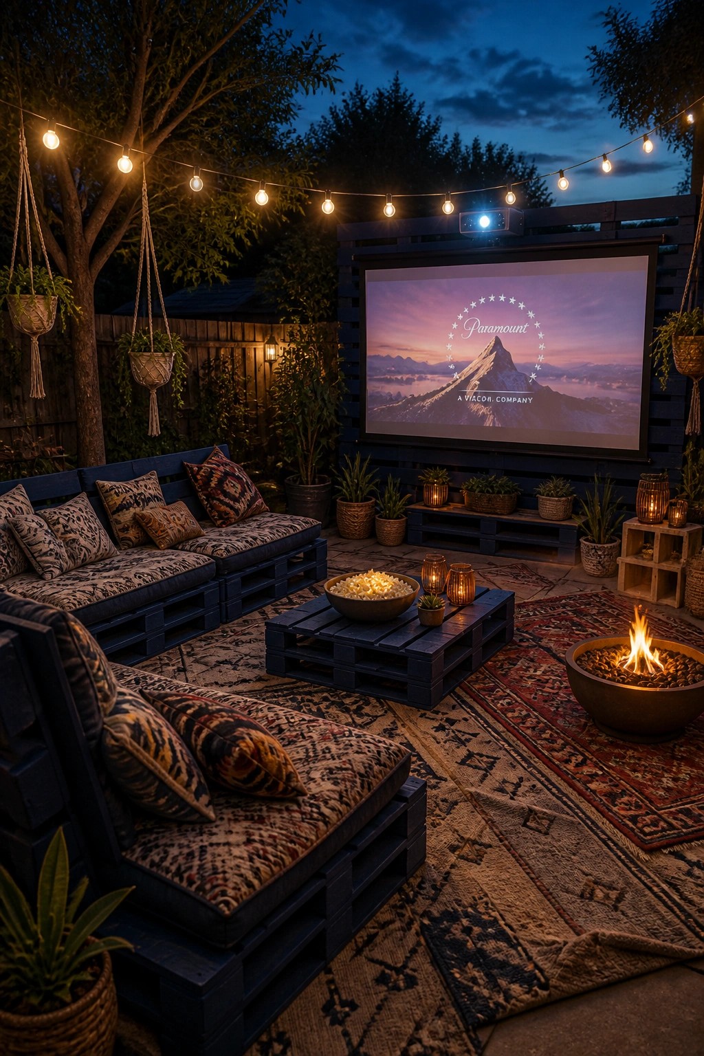 Backyard patio at dusk featuring dark blue painted pallet sofas and a low table with patterned cushions, layered rugs, a fire pit, and an outdoor projector screen.