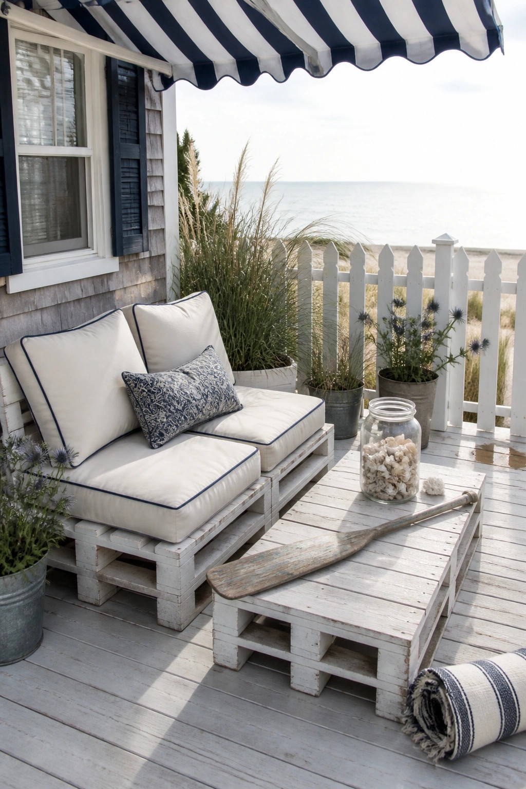 White painted pallet sofa and table with cushions on a wooden deck overlooking the ocean.