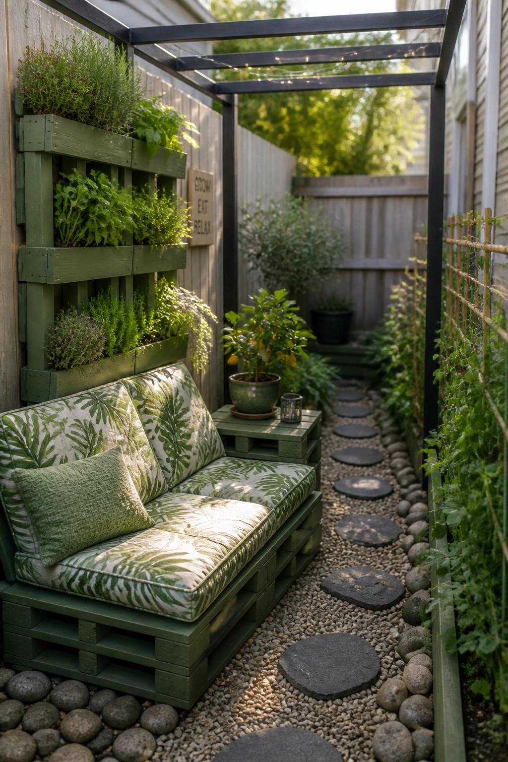 A green painted pallet sofa with patterned cushions sits next to a gravel path and a wall-mounted pallet planter in a garden.