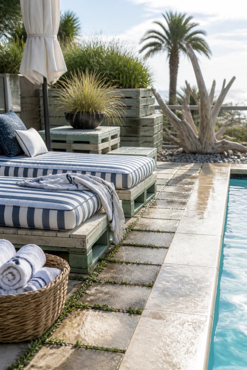Blue and white striped pallet lounge chairs beside a pool with palm trees