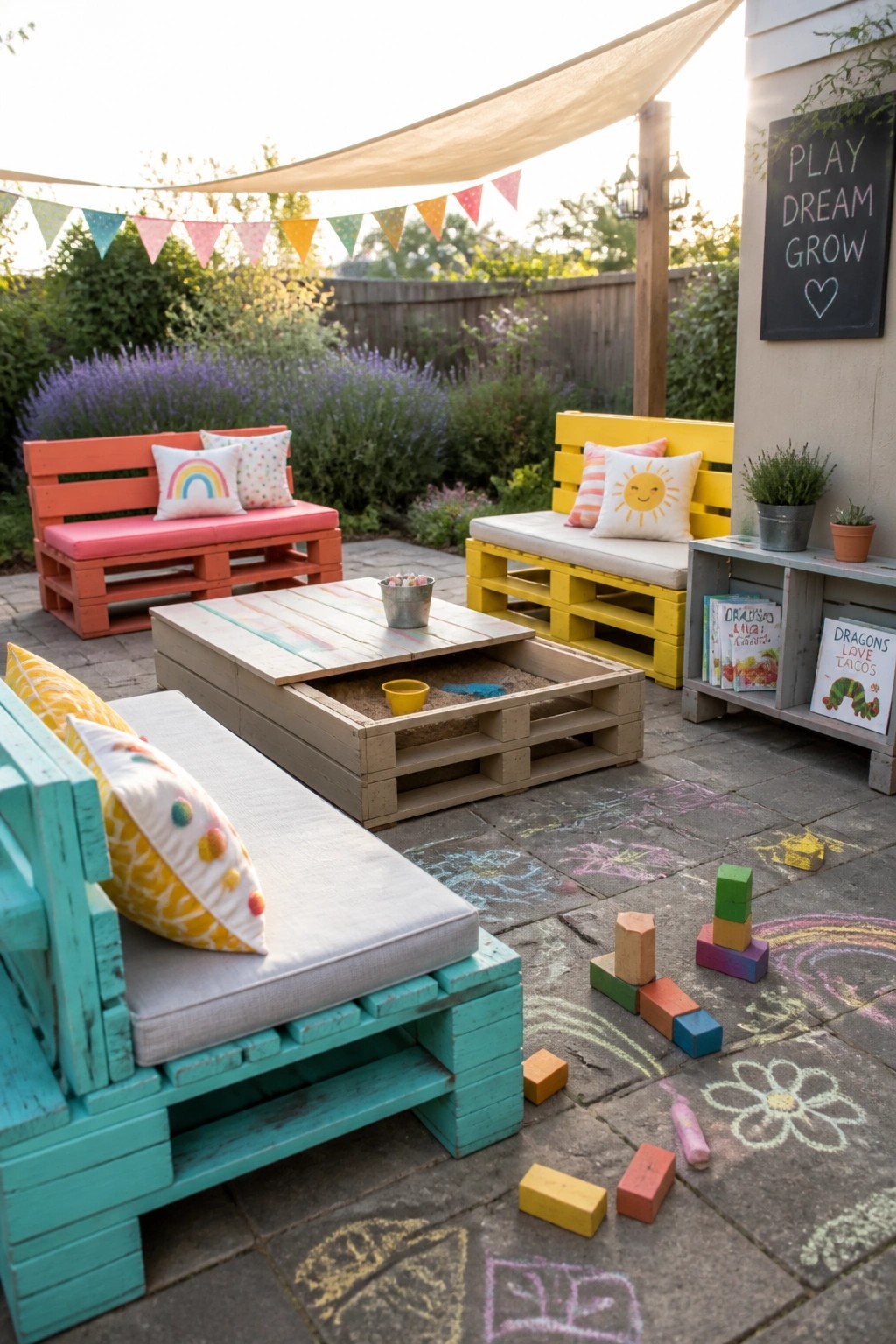 An outdoor patio with painted pallet benches in orange, yellow, and teal, a sand-filled pallet table, cushions, wooden blocks, and chalk drawings on the stone floor.