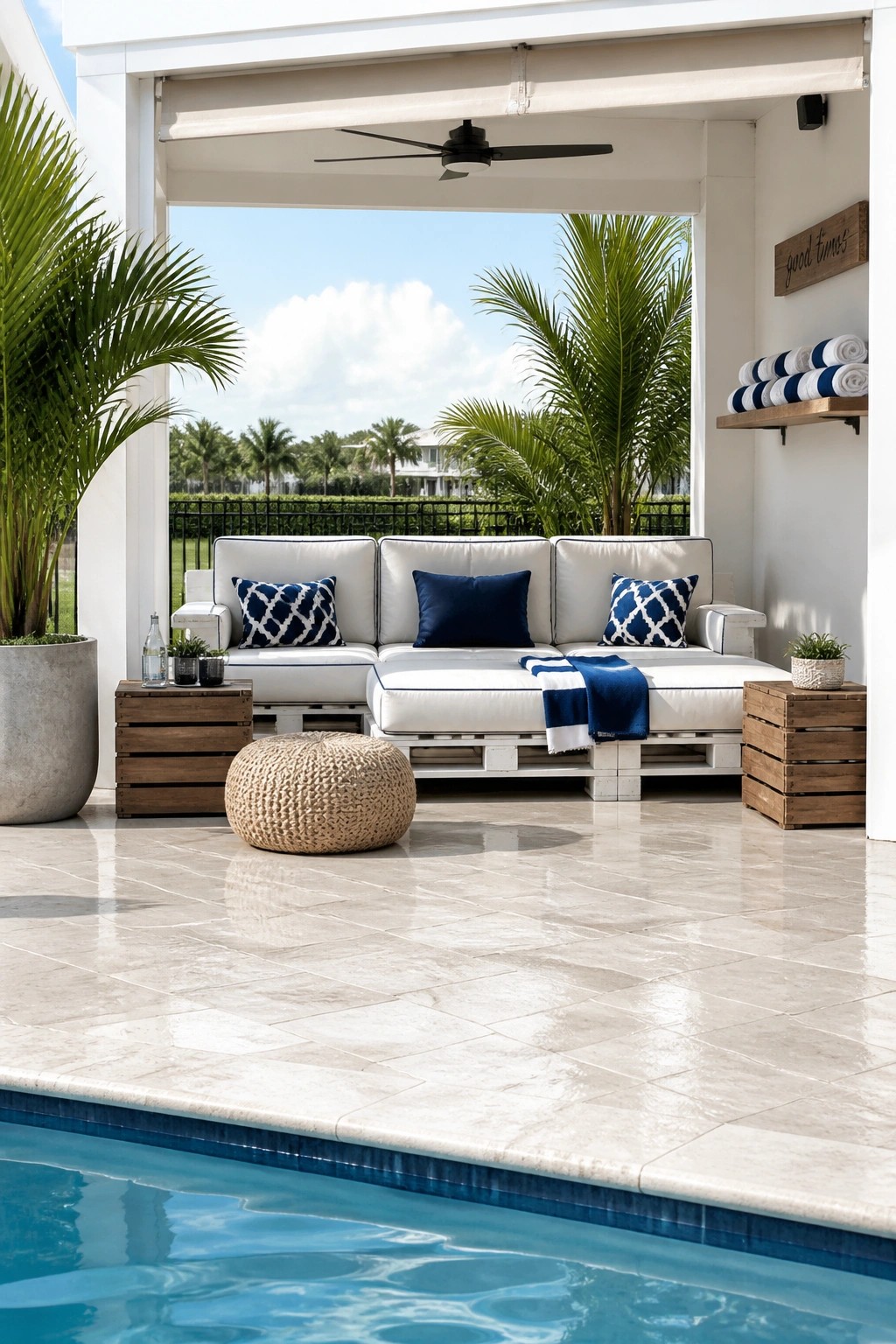 A white painted pallet sectional sofa with blue cushions and a woven ottoman sits on a tiled pool deck surrounded by potted palms.