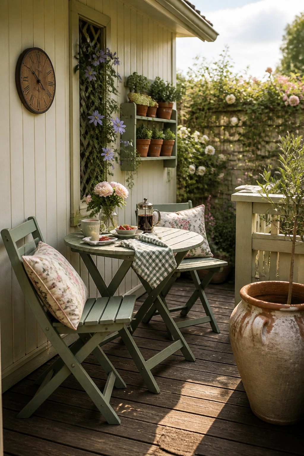 A sage green painted wooden table and two folding chairs sit on a dark wood deck with floral cushions, a coffee pot, and flowers in a vase.