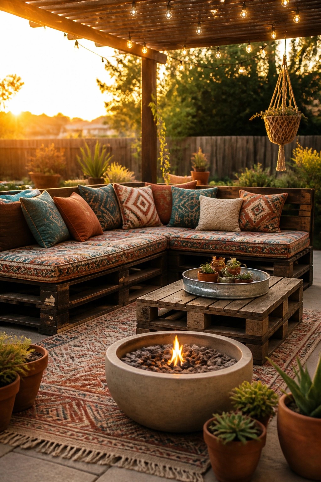 A corner pallet sofa with patterned cushions surrounds a round concrete fire pit on an outdoor rug, with string lights above and potted plants nearby.
