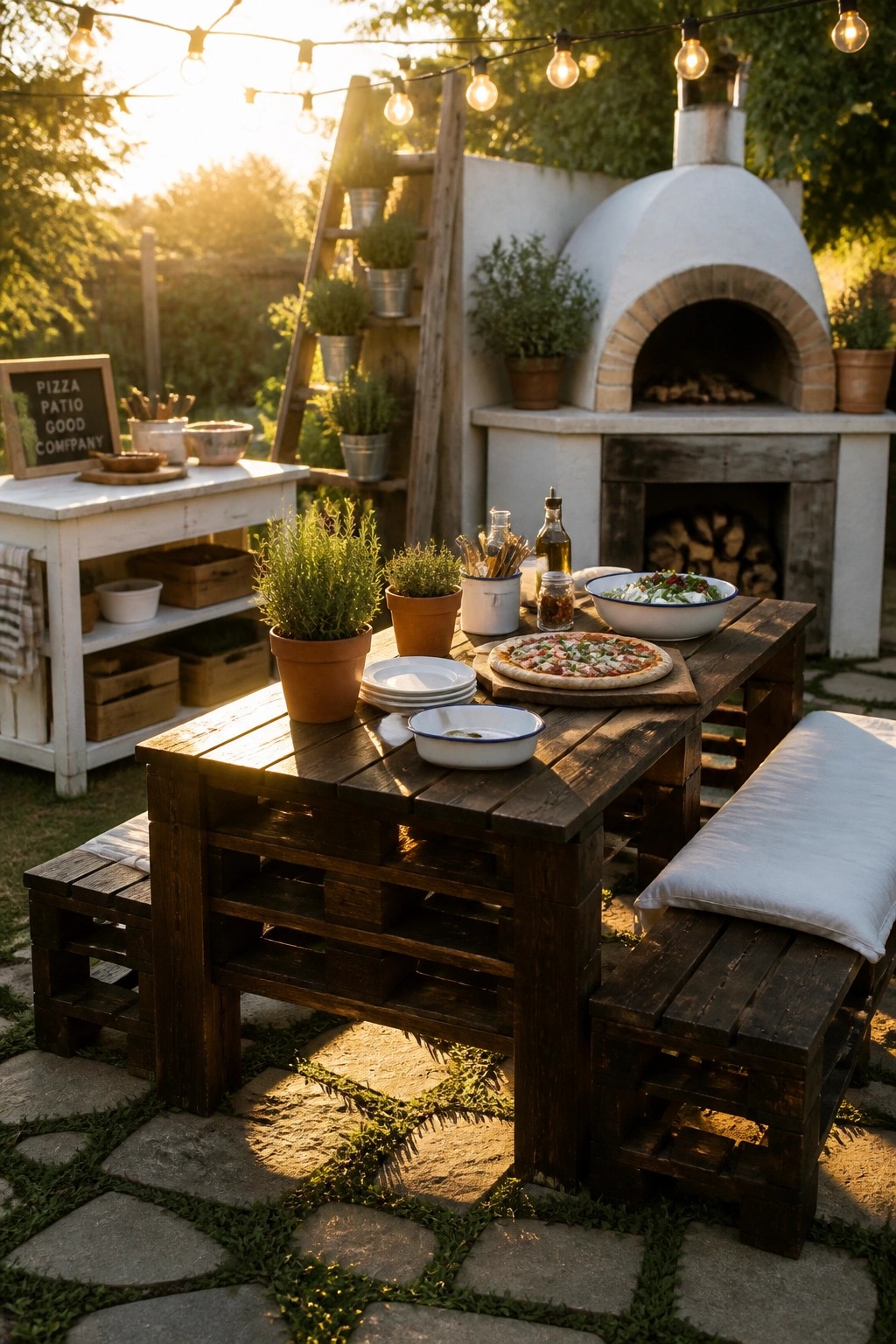 A rustic pallet wood dining table with benches holds plates, a pizza, and bowls on a stone patio beside a white pizza oven.