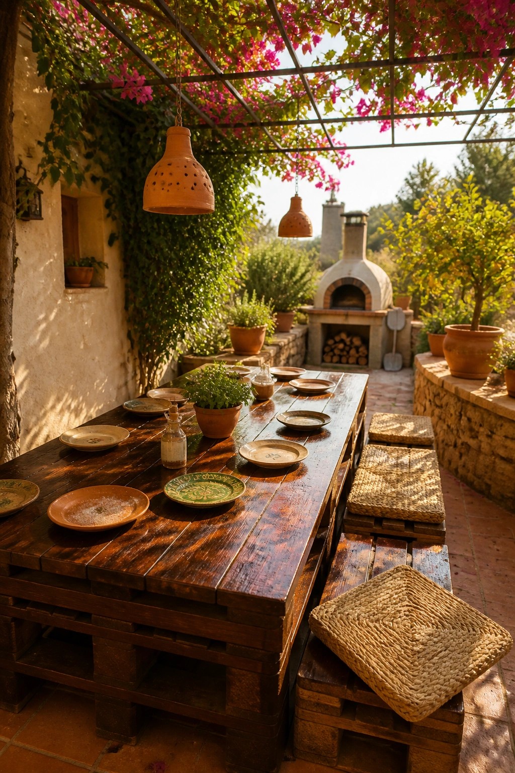 A long wooden pallet table with benches and woven seats sits under a pergola on a tiled patio, set with plates and surrounded by potted plants and an outdoor oven.