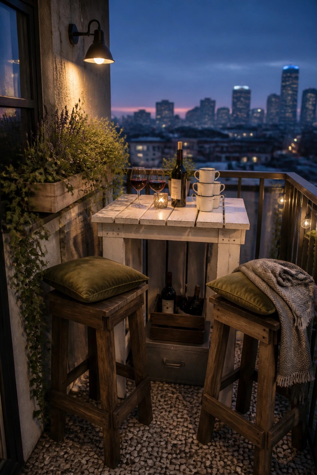 A small balcony at dusk with a white painted pallet table holding wine glasses and cups, two wooden stools with green cushions, and a city skyline in the background.