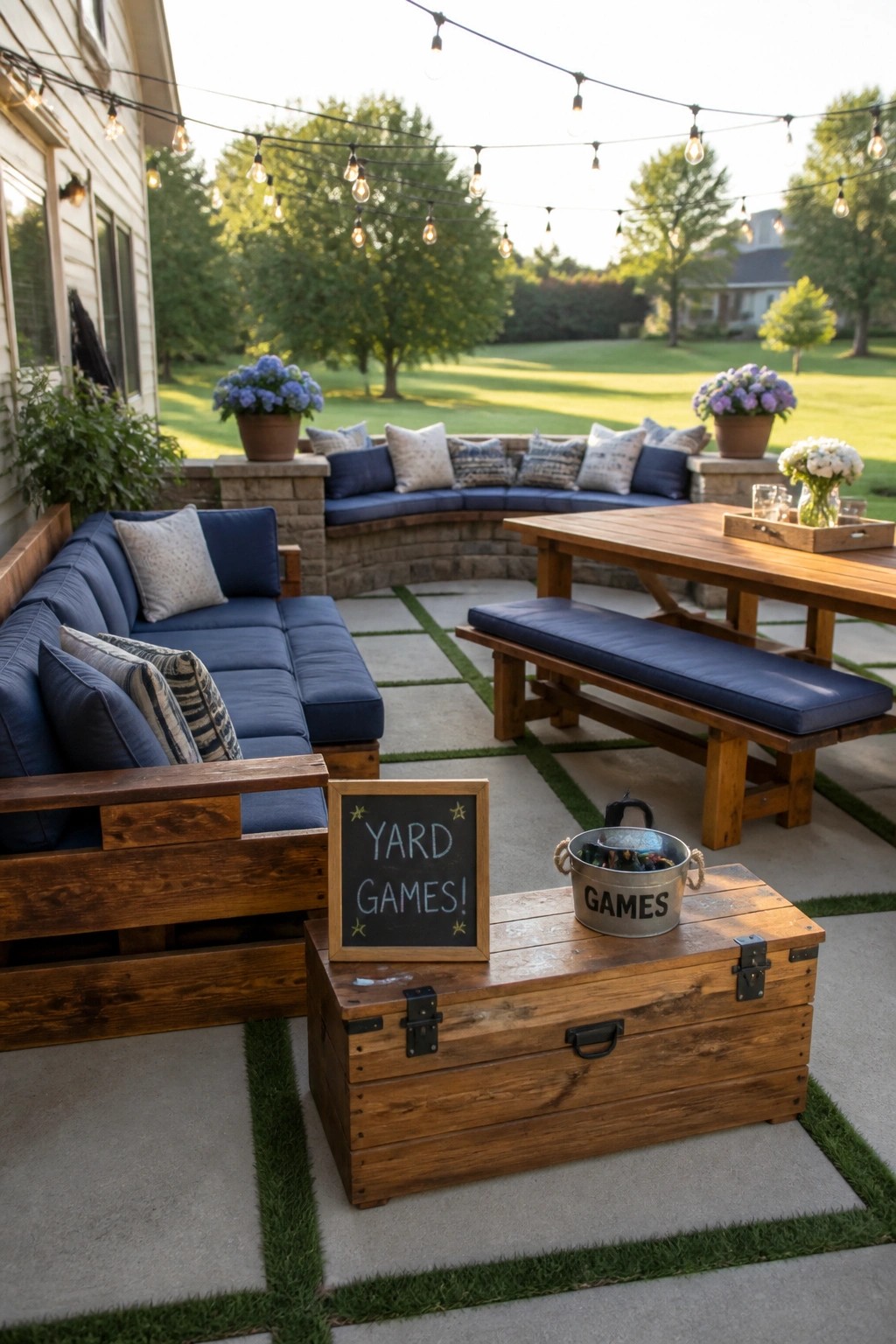 A backyard patio features a curved pallet wood sectional sofa with blue cushions, a wooden picnic table with bench, and a storage chest topped with a yard games sign and metal bucket.