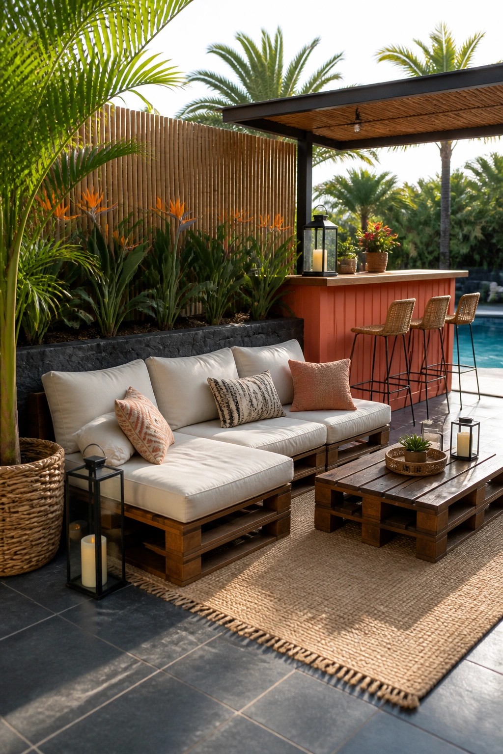 An outdoor patio with a pallet sofa covered in white cushions, a matching pallet coffee table, and an orange bar counter with woven stools beside a pool.