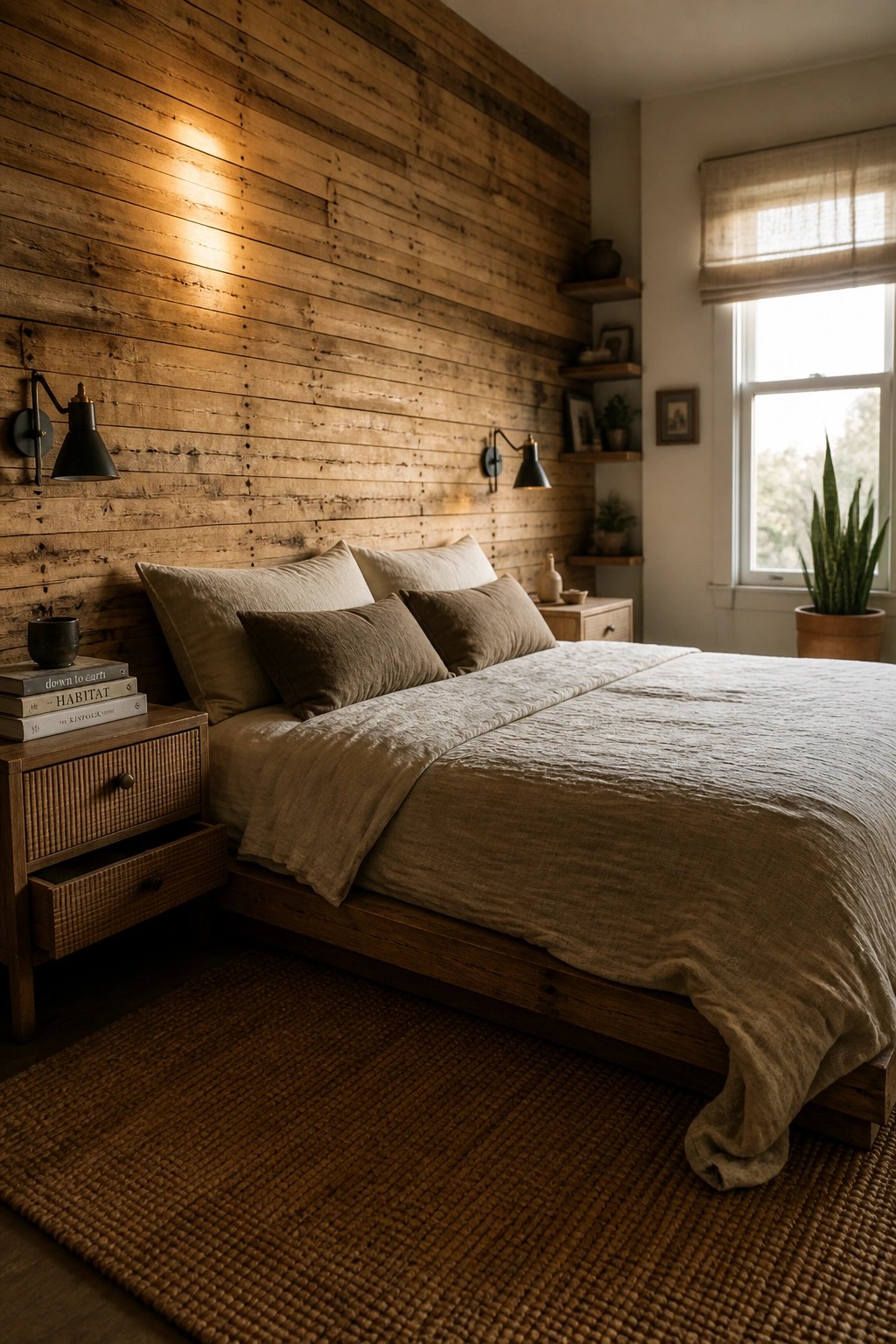 A bedroom featuring a full accent wall of horizontal reclaimed wood planks behind a bed dressed in neutral linens with matching wooden nightstands.