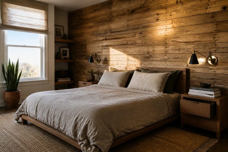 25 Natural Pallet Wood Wall Ideas That Highlight Grain, Knots, and Weathered Texture A bedroom featuring a full accent wall of horizontal reclaimed wood planks behind a bed dressed in neutral linens with matching wooden nightstands.