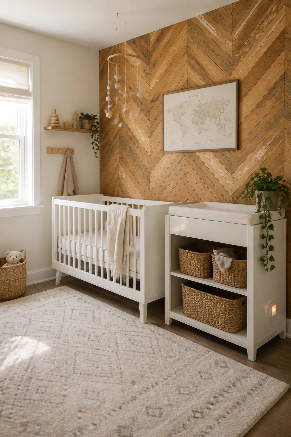 A nursery room with a white crib and changing table set against a large herringbone reclaimed wood accent wall.
