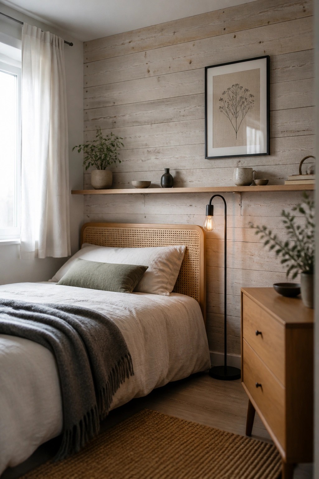 A bedroom with horizontal light wood plank walls behind a bed with a woven headboard, white bedding, and a floating shelf.