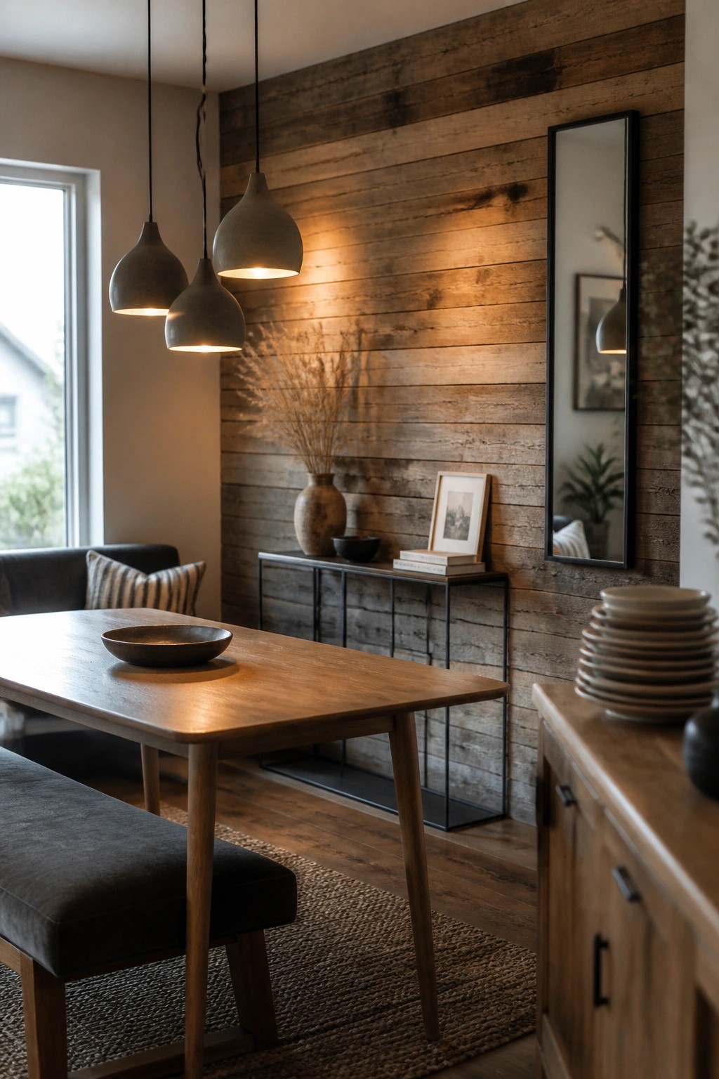 Interior view of a dining area featuring a horizontal reclaimed wood plank accent wall behind a wooden table with pendant lights overhead.