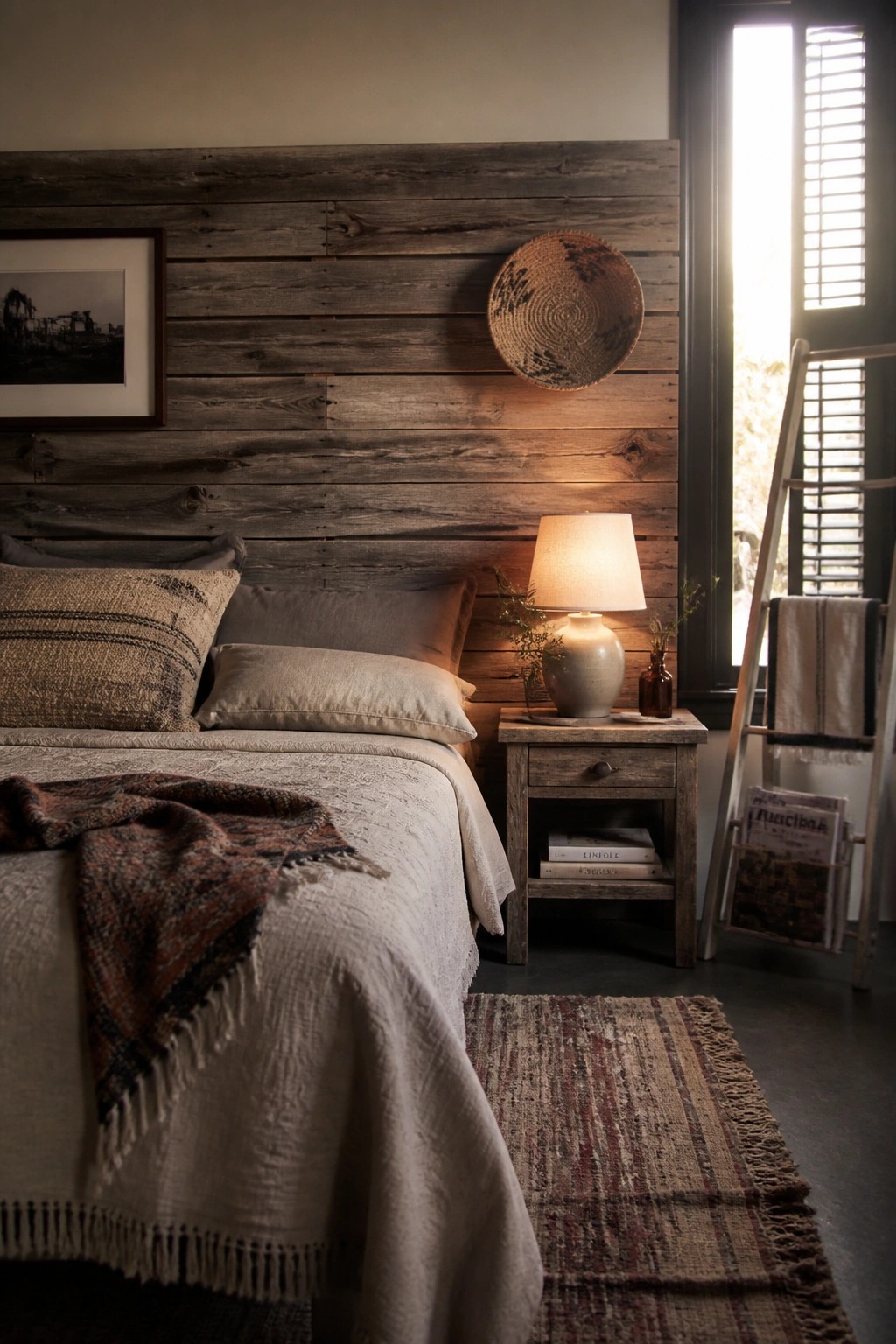 A bedroom with a full wall of horizontal reclaimed wood planks behind the bed, a wooden nightstand with a lamp, and neutral bedding.