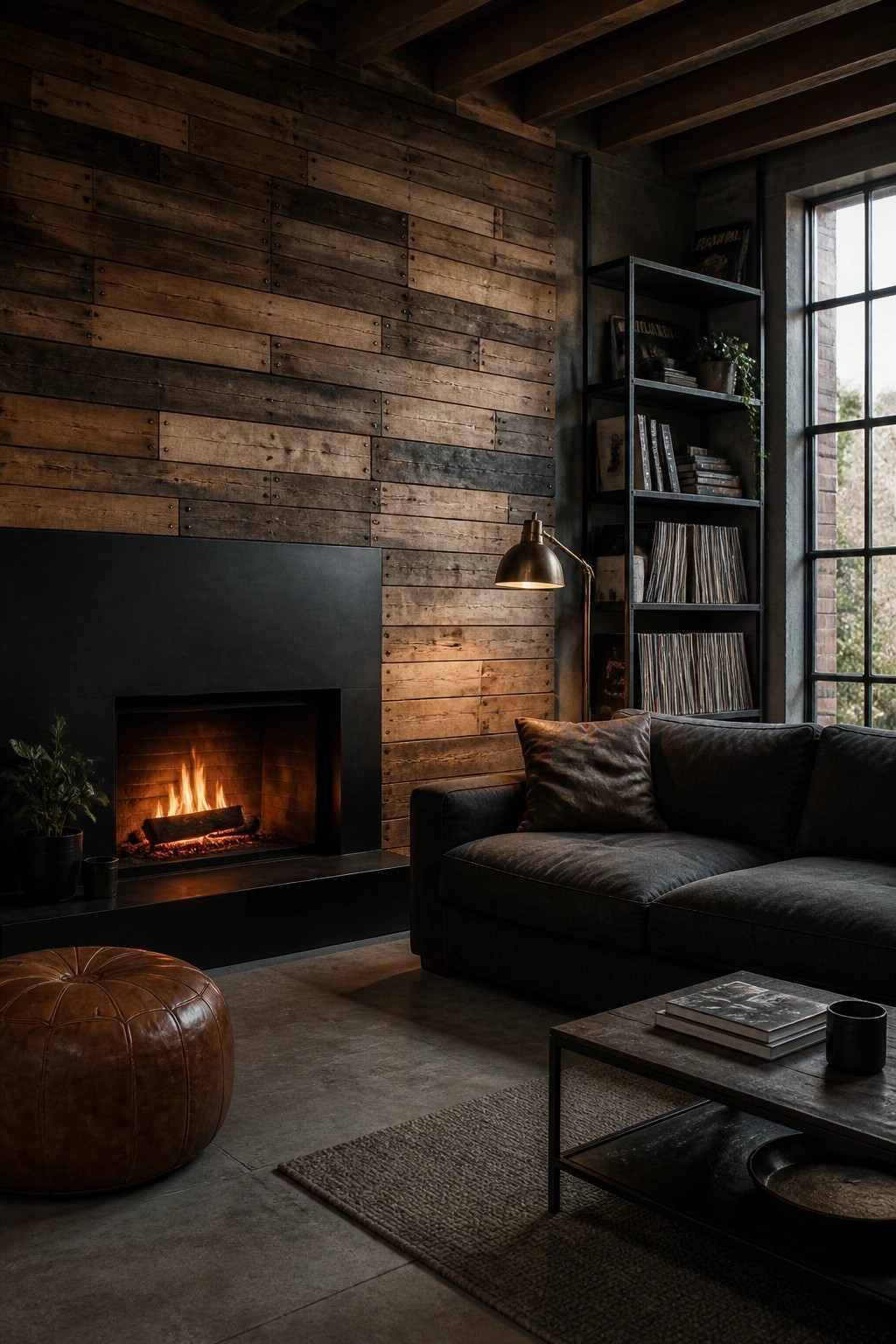 A living room with a black fireplace framed by a wall of horizontal reclaimed wood planks, a dark sofa, and a leather ottoman on a concrete floor.