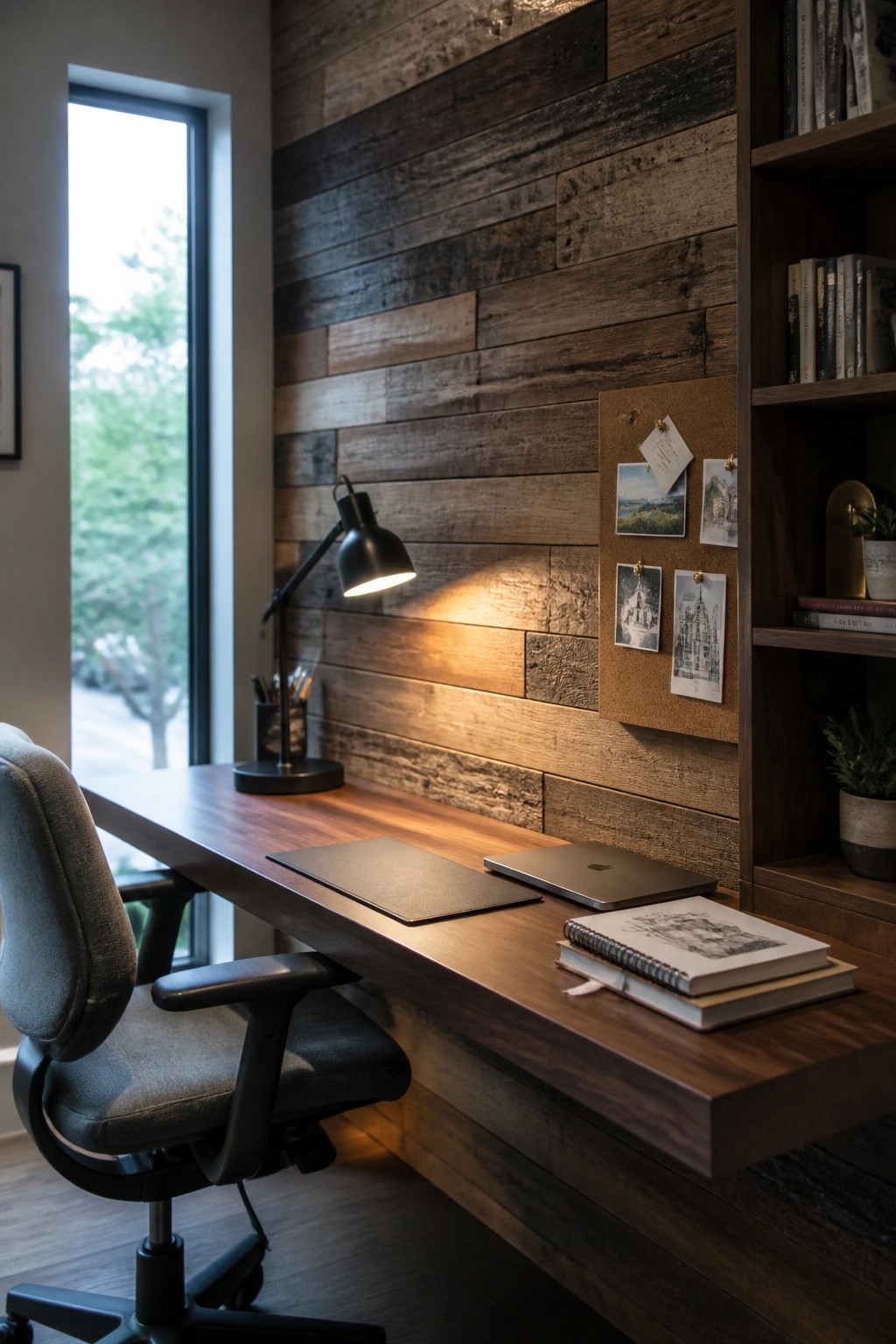 A modern home office with a floating wood desk against a reclaimed pallet wood wall, a gray office chair, a lit black desk lamp, and a corkboard with photos mounted on the wood.