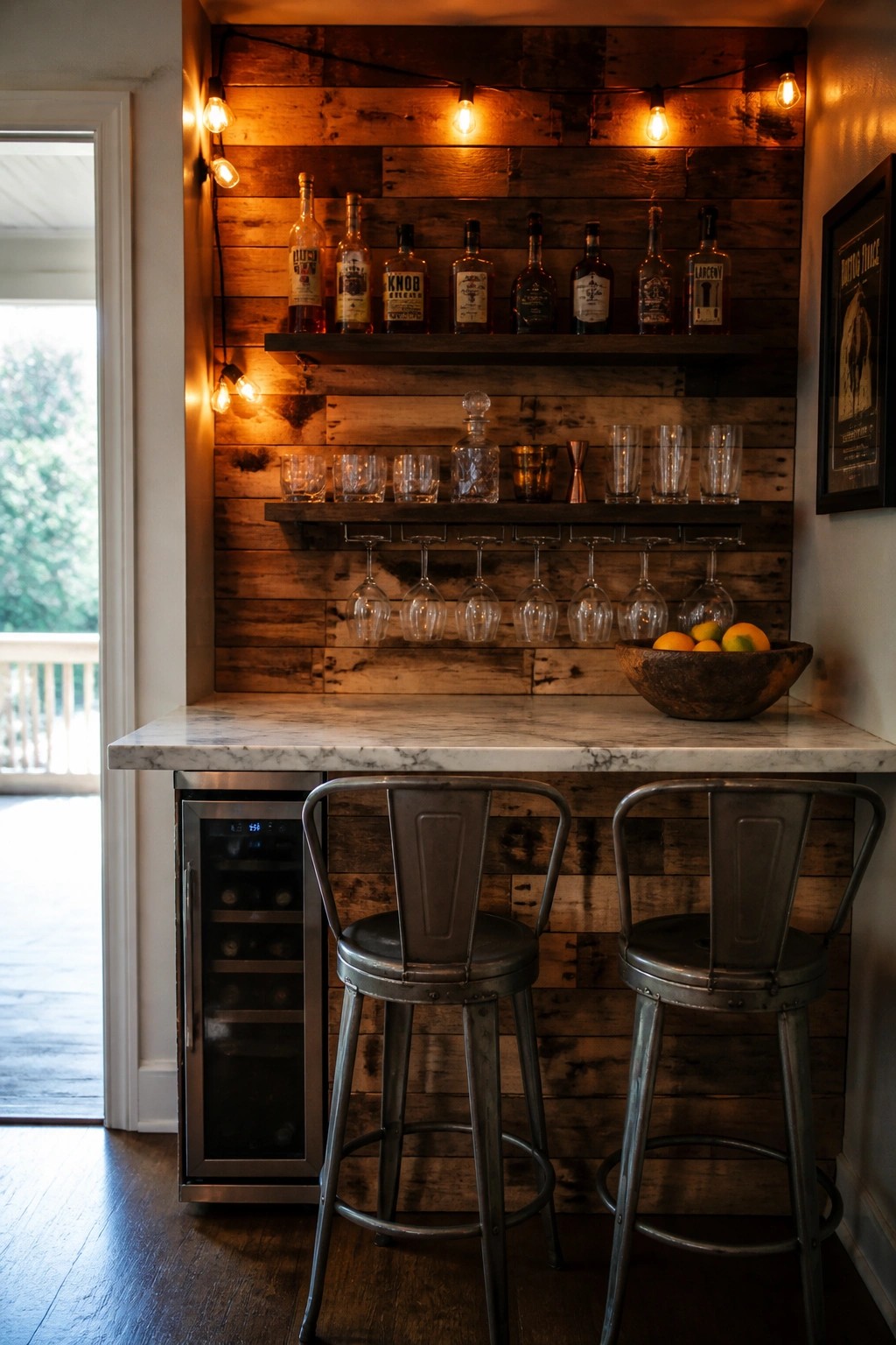 An indoor bar nook with a reclaimed pallet wood accent wall, floating shelves stocked with bottles and glasses, two metal bar stools, and a marble countertop.
