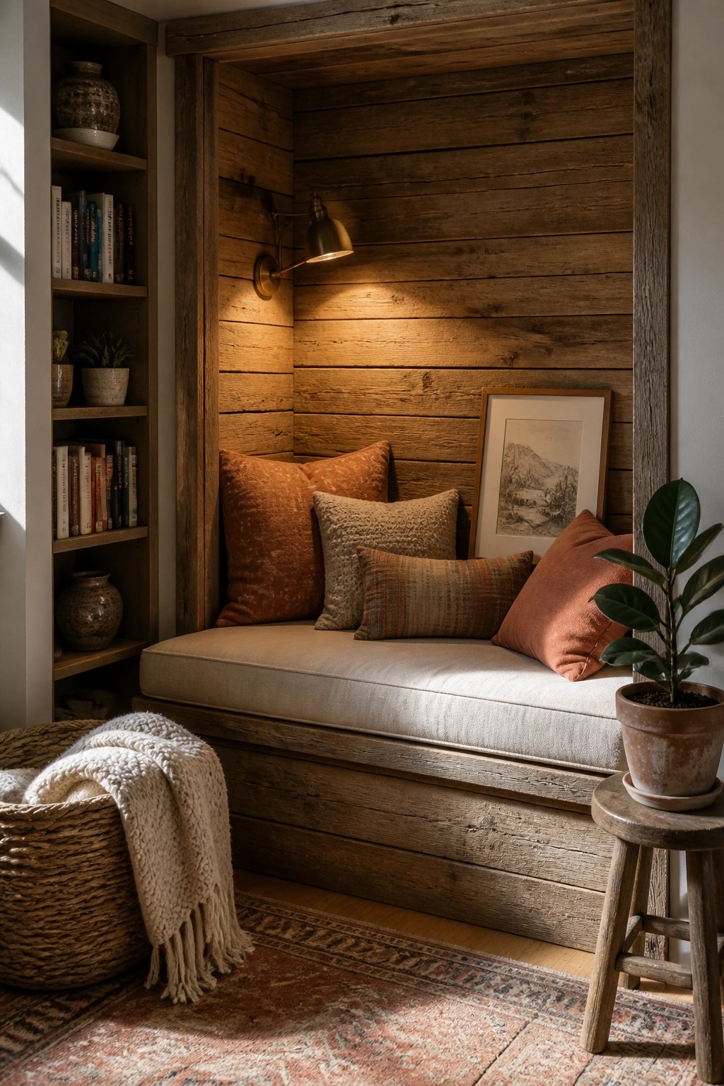 A recessed wooden bench nook lined with horizontal reclaimed planks, featuring a cushioned seat, several pillows, a wall sconce, and adjacent bookshelves.