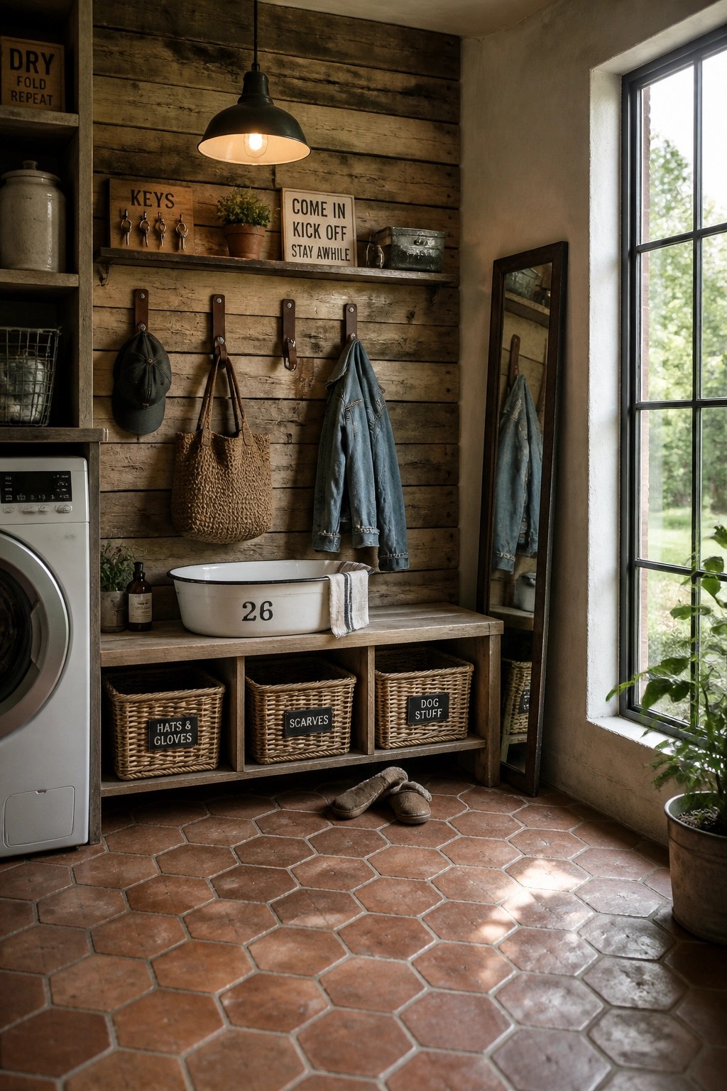 A mudroom interior with horizontal weathered wood plank walls, multiple hooks holding bags and jackets, a wooden bench with woven baskets underneath, a washing machine on the left, and a tall mirror on the right.