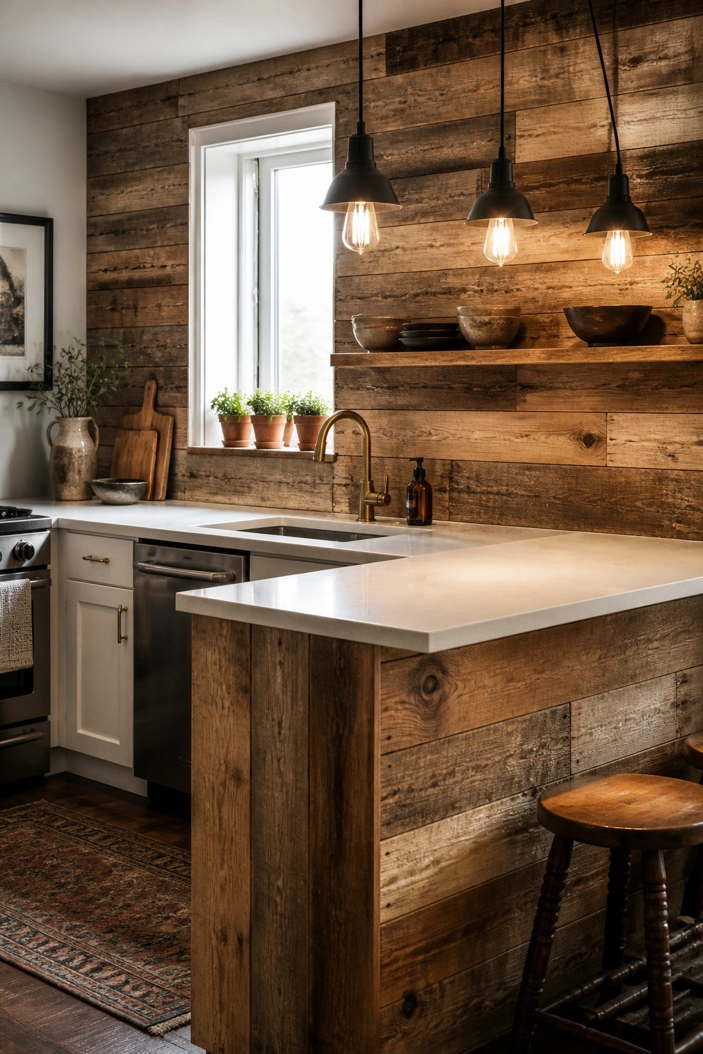 A kitchen with white countertops, a brass faucet, and a full wall of horizontal reclaimed wood planks behind the sink area.