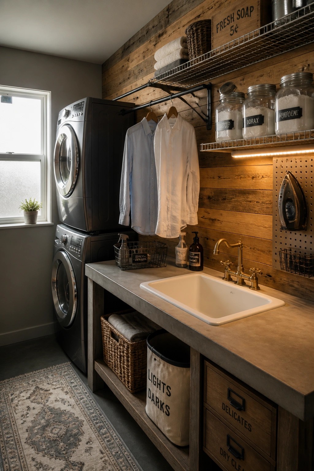 A laundry room with a horizontal reclaimed wood wall, concrete sink counter, stacked washer and dryer, and open metal shelving.
