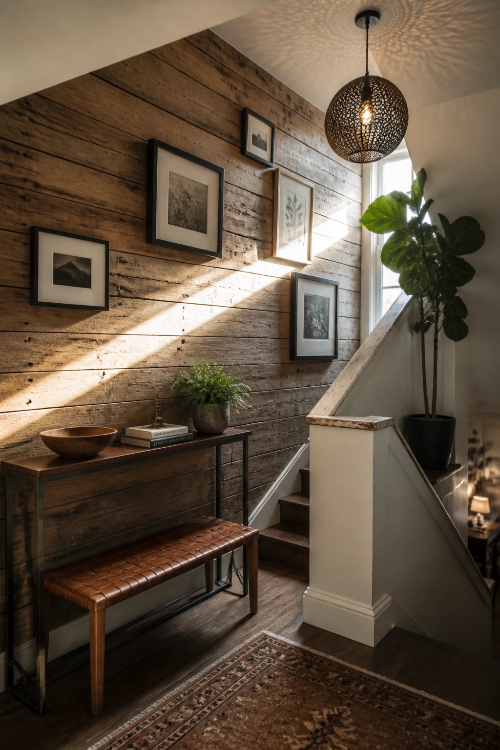 An interior hallway features a horizontal reclaimed wood plank accent wall with framed art, a wooden console table with bench, and a staircase on the right.