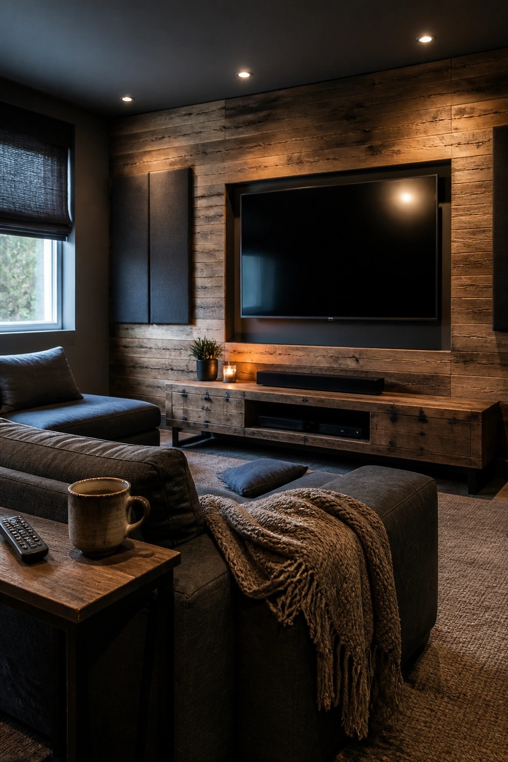 A living room featuring a large flat-screen television mounted on a vertical reclaimed wood plank accent wall above a wooden media console, with a dark sectional sofa and side table in the foreground.