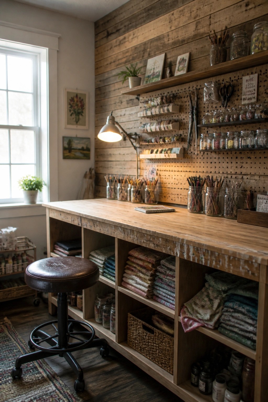 Interior view of a craft room featuring a horizontal reclaimed wood plank accent wall with shelves, pegboard storage, a long wooden work table, and a brown stool.