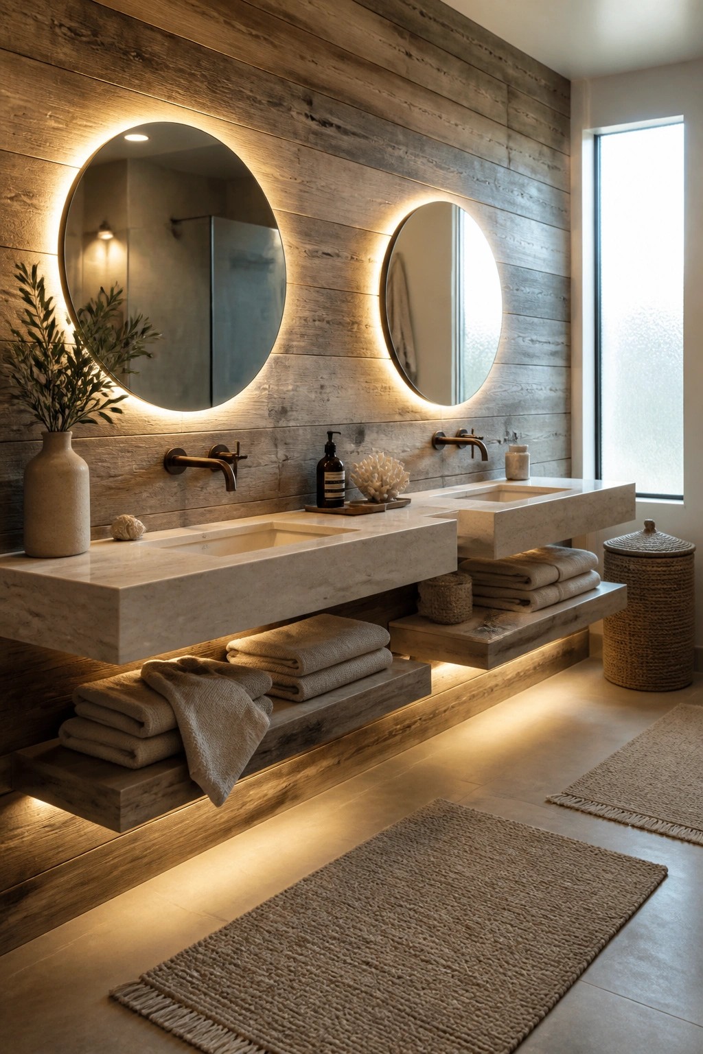 A modern bathroom with horizontal weathered wood planks covering the wall behind two round backlit mirrors and floating stone sinks, with folded towels on lower wooden shelves.