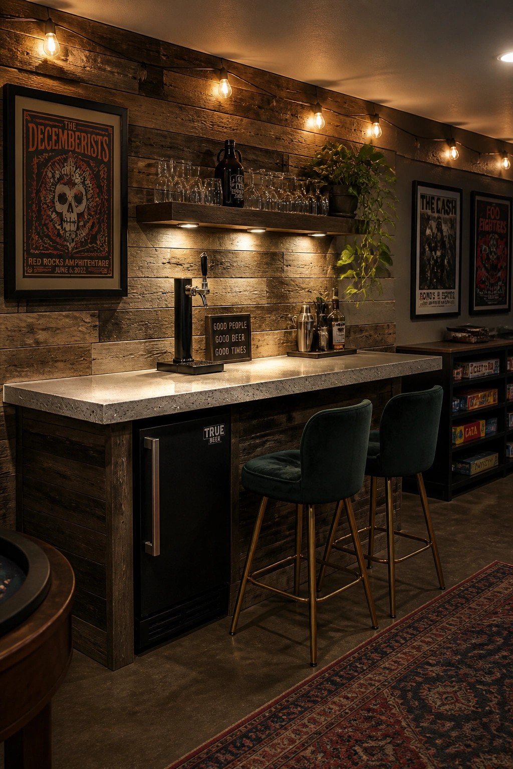 A home bar area with a reclaimed wood plank accent wall, concrete countertop, black mini fridge, two green bar stools, and string lights above the shelves.