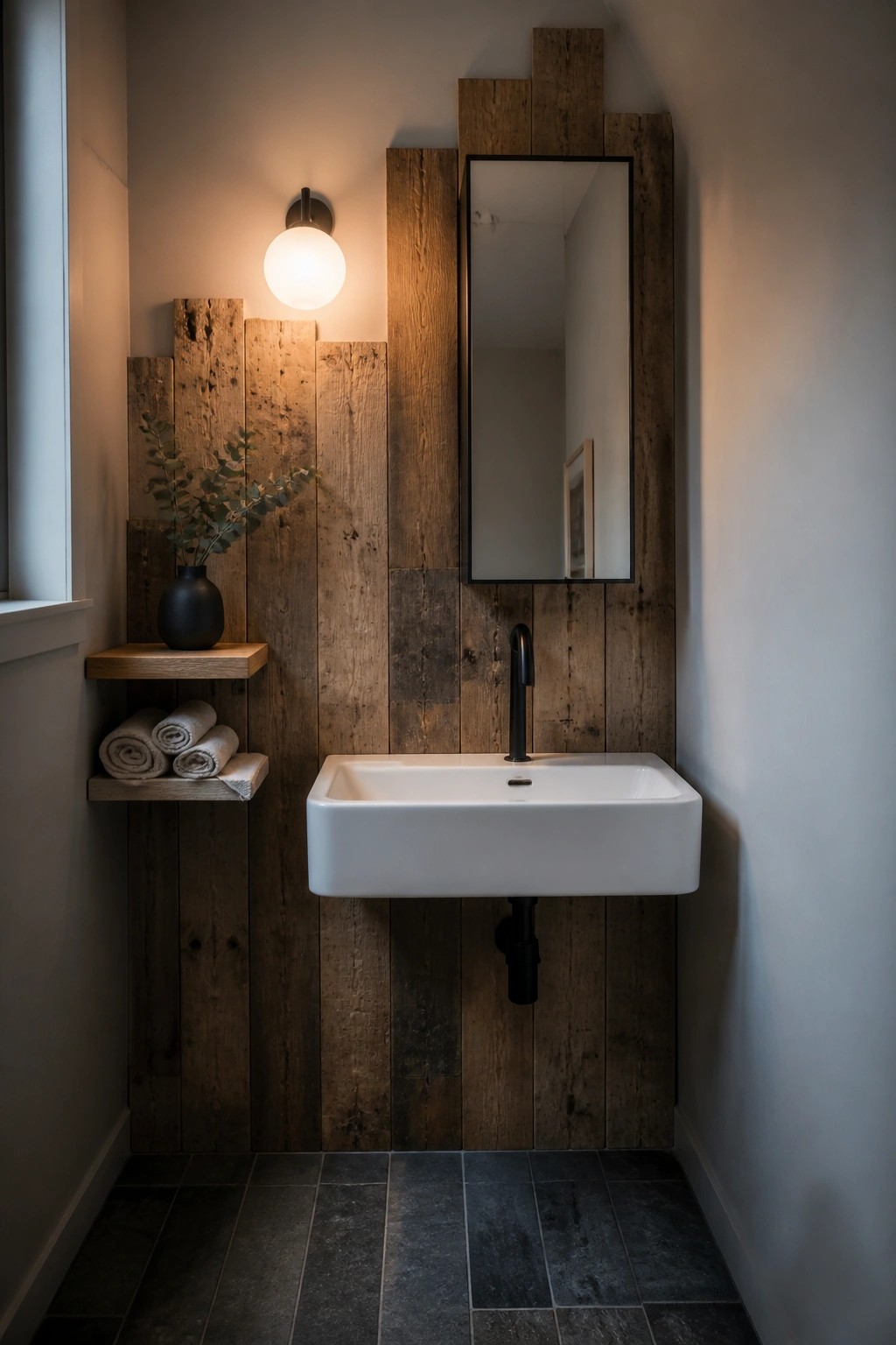 A bathroom with a white wall-mounted sink on a vertical reclaimed wood plank wall, accompanied by a black faucet, round wall sconce, and wooden shelves with rolled towels.