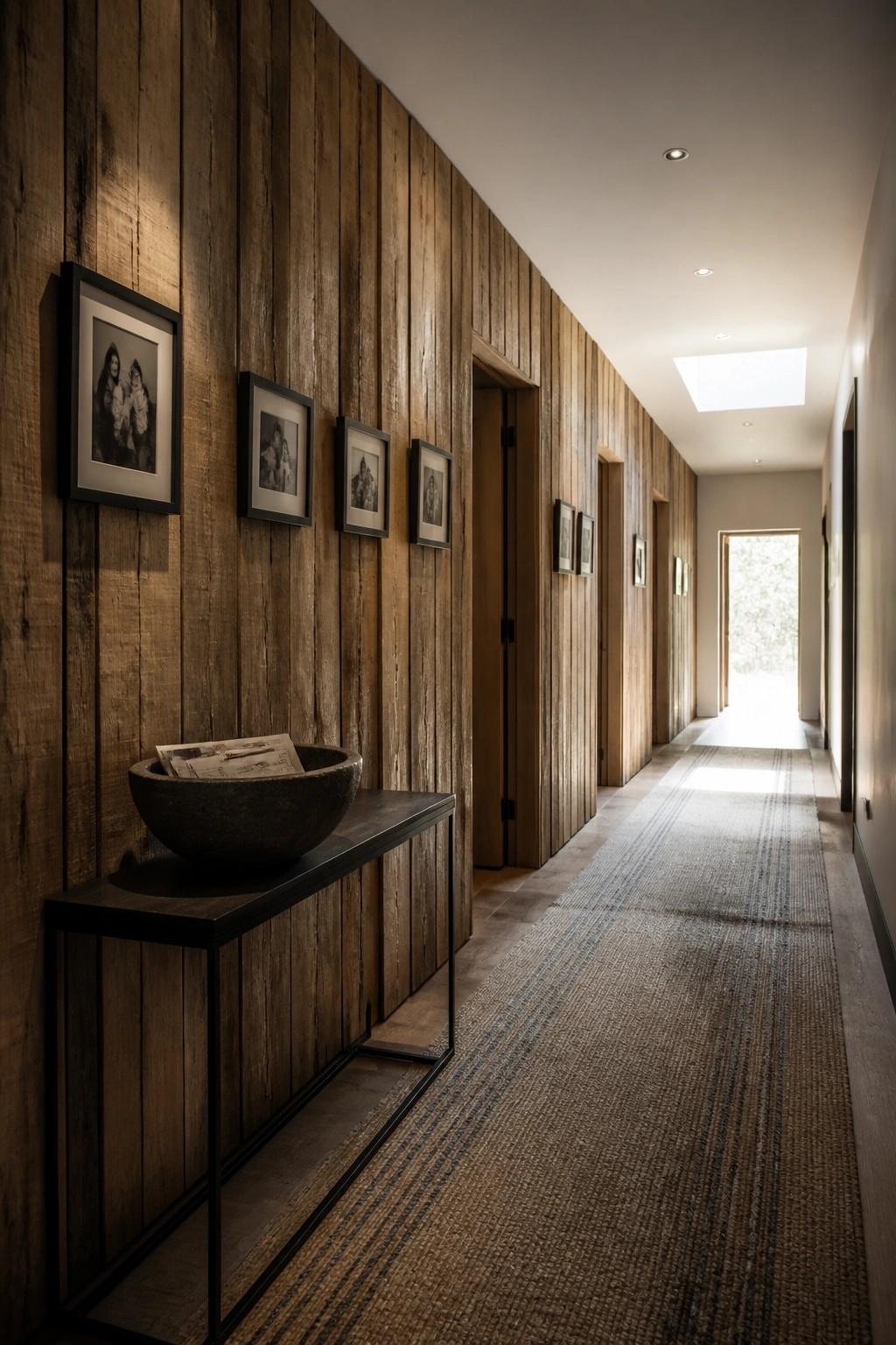 A long interior hallway lined with vertical weathered wood planks, several framed photos on the left wall, a dark console table with a stone bowl, and a woven runner rug leading toward a bright open doorway.