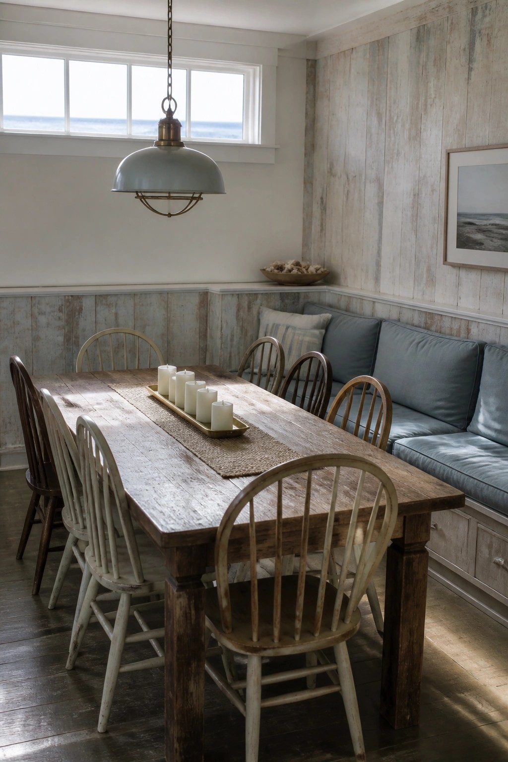 A dining room interior with a long wooden table, wooden chairs, and lower walls covered in weathered wood paneling.