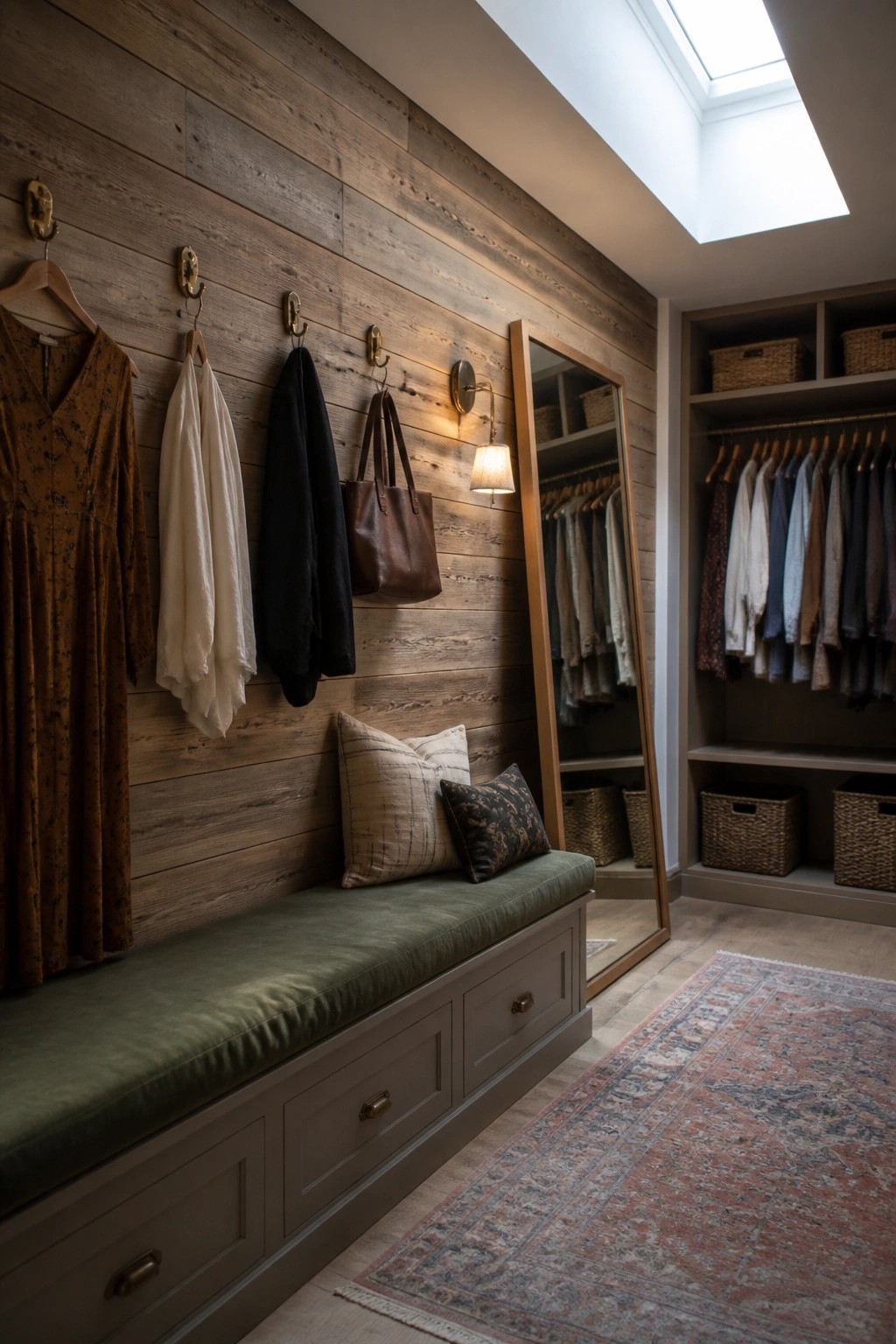 A mudroom interior with a horizontal wood plank accent wall, brass hooks holding clothing and bags, a green upholstered bench with pillows, a leaning mirror, and an open closet with hanging clothes and woven baskets.