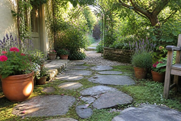 A narrow garden path of large irregular stone slabs set in moss runs beside potted plants and a low stone wall, passing under a metal arch toward a distant gate.