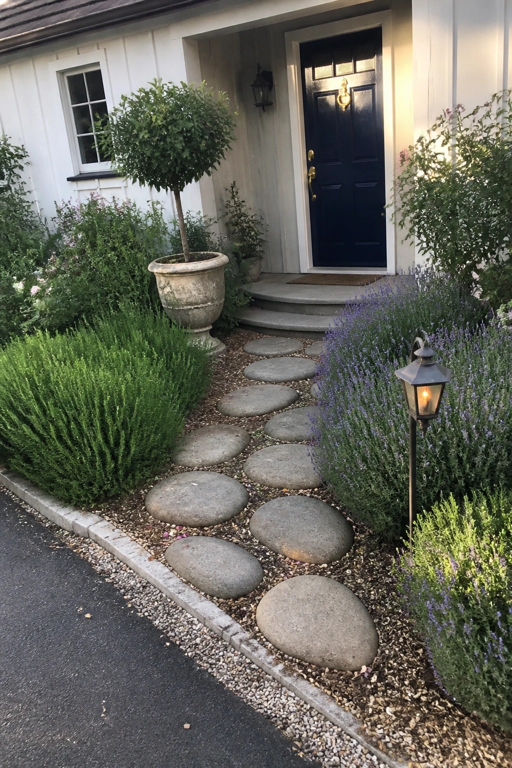 A curved path of round gray stepping stones runs through garden beds filled with green shrubs and lavender toward a dark blue front door.