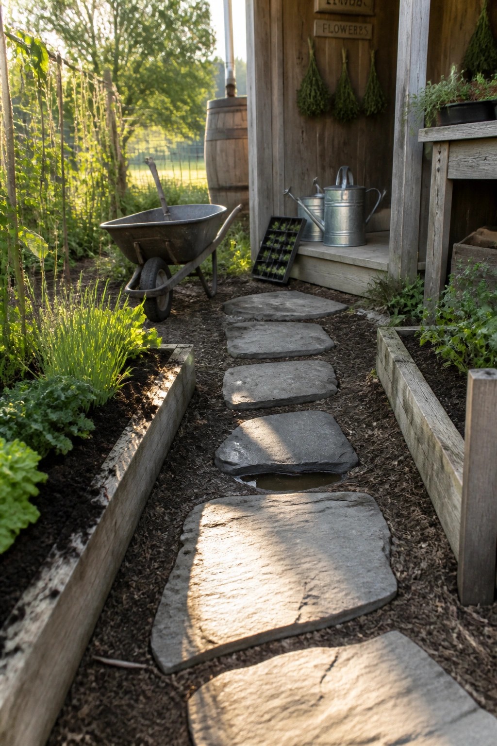 A narrow garden path of irregular gray stepping stones runs between wooden raised beds, with a metal wheelbarrow and a wooden shed visible in the background.