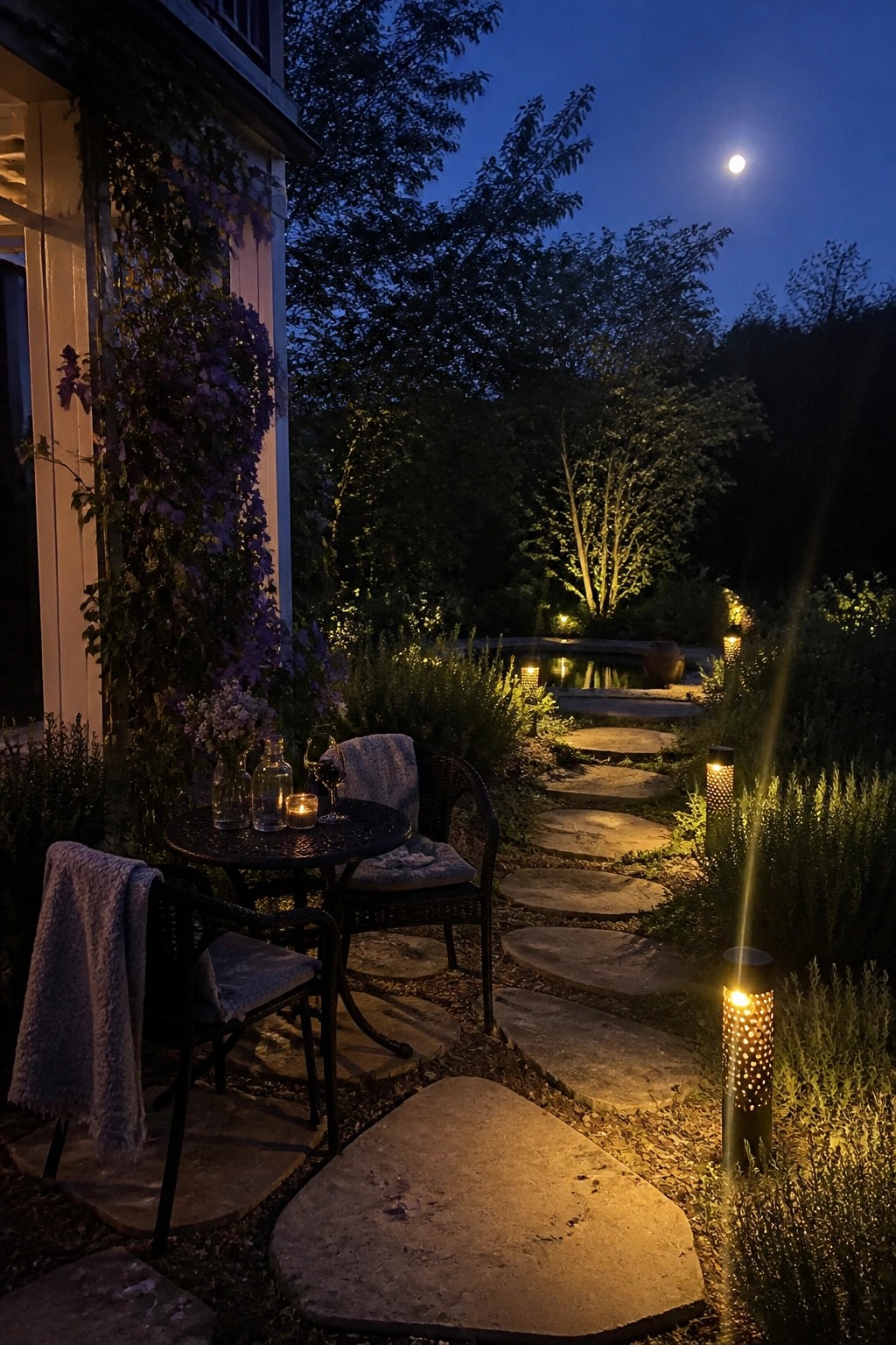 Moonlit garden patio with stone path, candlelit table, lanterns, and pond.
