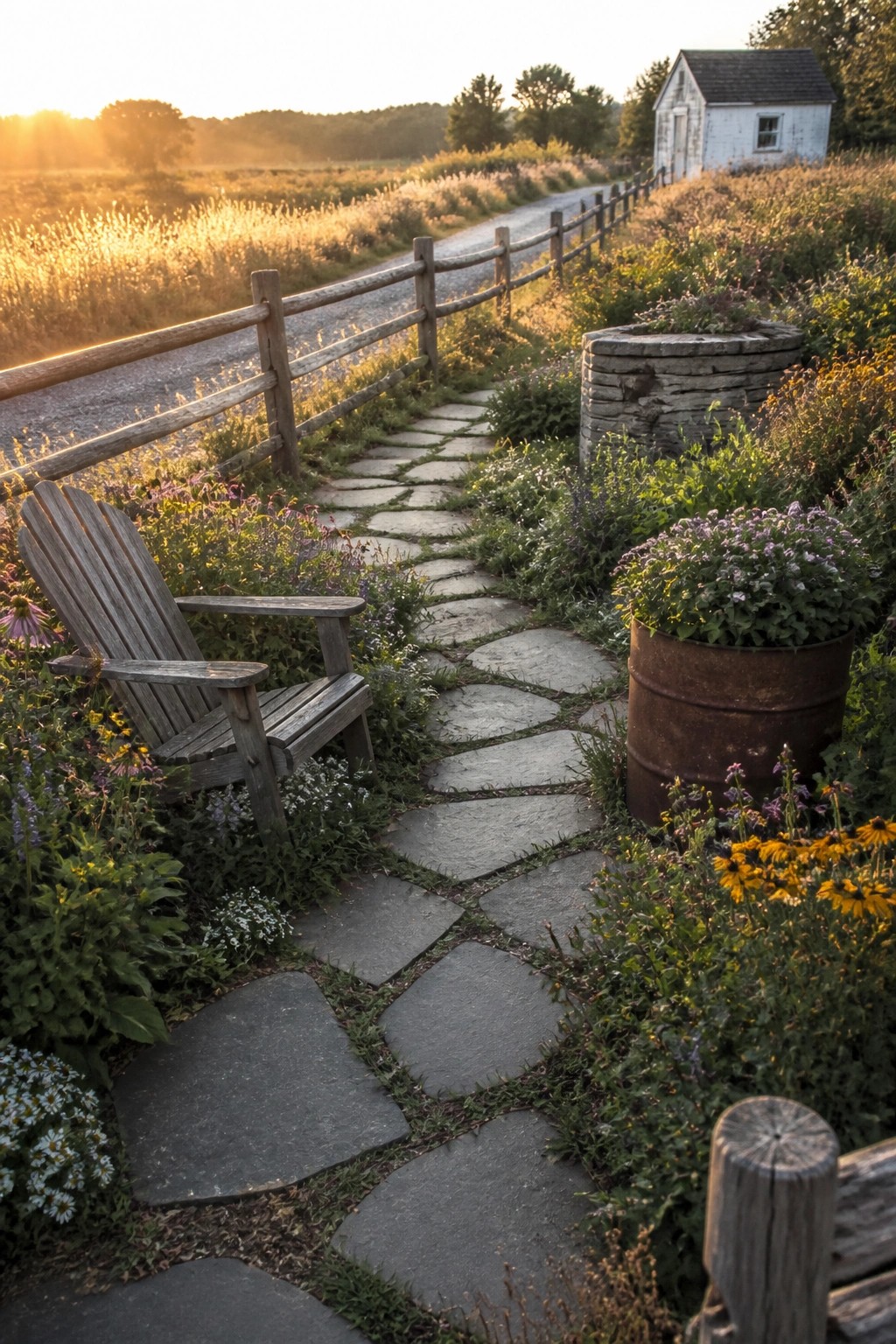 A winding path of irregular gray stepping stones runs through dense garden plantings with a wooden chair on the left and a white house visible in the background.