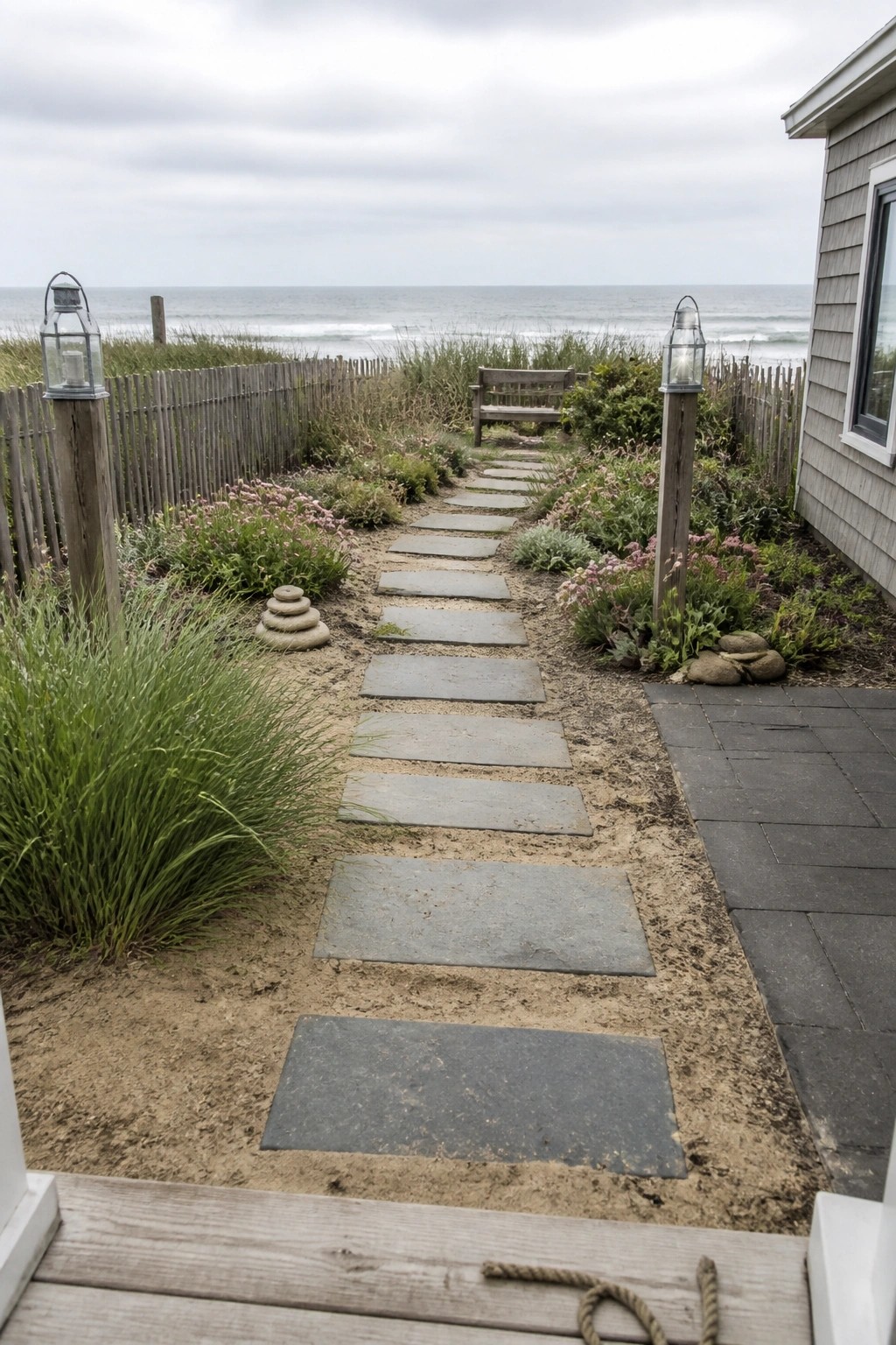 A sandy path lined with rectangular gray stepping stones leads from a wooden deck through garden beds toward the ocean, flanked by two tall lanterns on posts and a wooden bench in the distance.