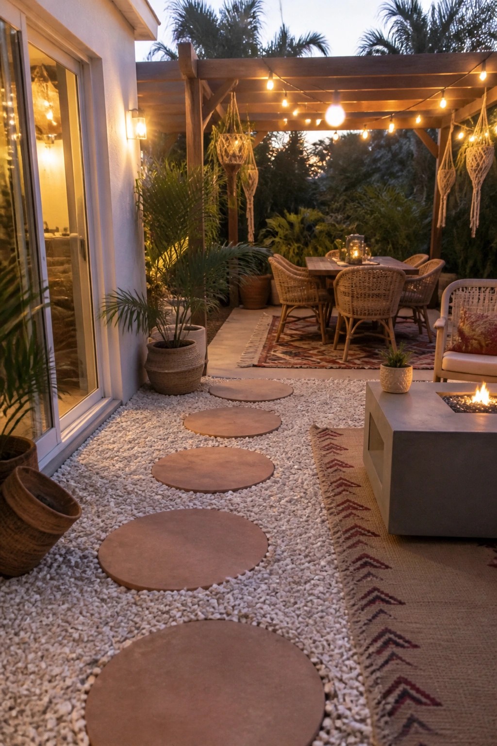 Cozy evening patio with string lights, pergola, fire pit, and stepping stone path.